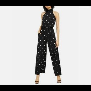 INC Women's Black Polka Dot Sleeveless Halter Straight Leg Jumpsuit Size L New!